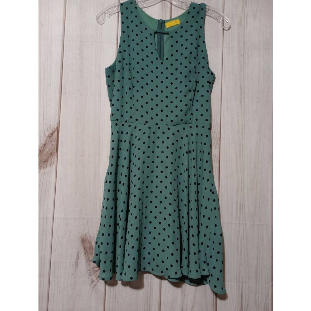 Dee Elle Dress Ladies Small Green Black PolkaDot Sleeveless Fit and Flare Knee L